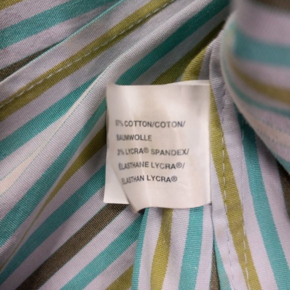 Gap Stretch M Shirt Open V Neck Button Front Fitted Blue Green Striped - Picture 4 of 5